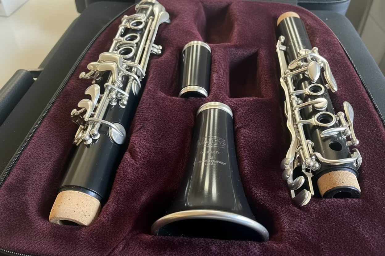 A black woodwind instrument set, including a clarinet barrel, mouthpiece, and part of a clarinet body, arranged in a black felt-lined case.